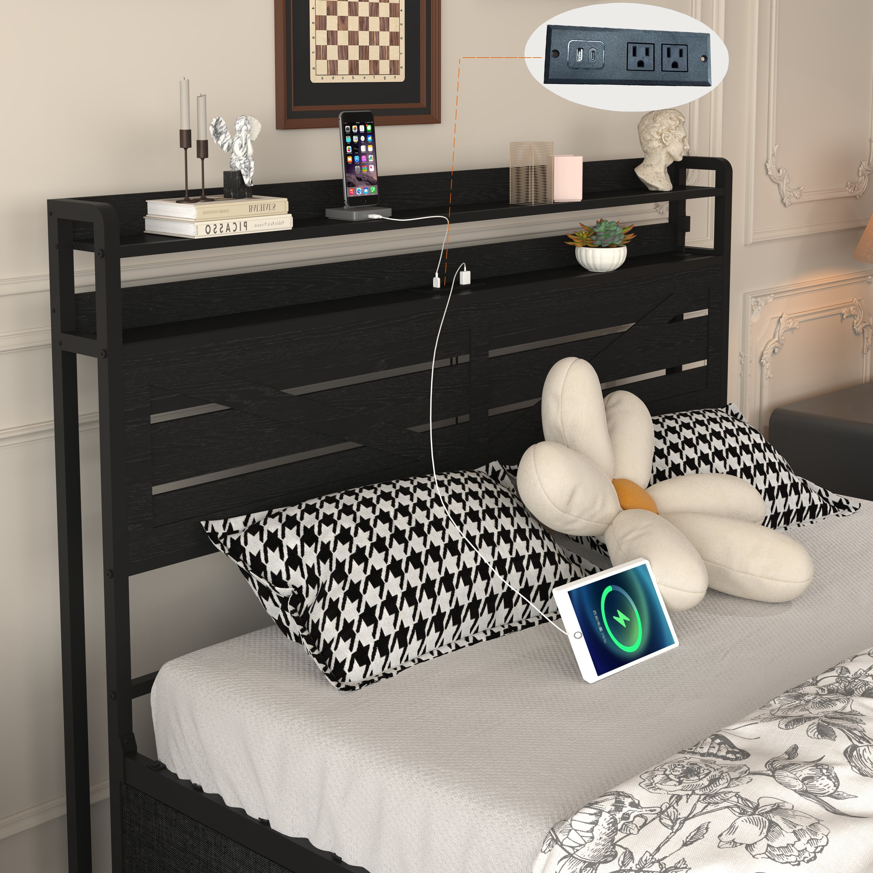 Miniyam Full Size Metal Bed Frame with Storage Drawers, Headboard with Charging Station & LED Lights, Noise-Free Platform Bed, Black