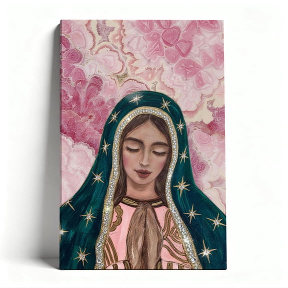 Our Lady of Guadalupe Canvas Wall Art, Pink Floral & Gold Accent Christian Decor, Religious Portrait for Home Prayer Room