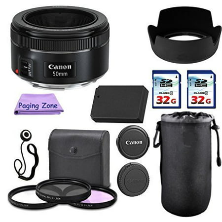 Canon EF 50mm f/1.8 STM Camera Lens. PagingZone Deluxe Kit. 3Piece Filter Set + Lens Case + Lens Hood + 2 PC 32GB Class 10 Card + For EOS 6D 70D, 5D MK II