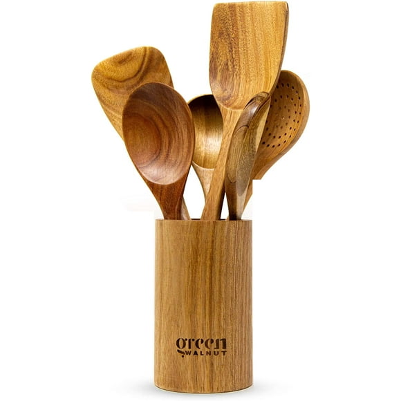 Greenwalnut Cooking Utensils Set Kitchen Utensils 7Pcs Wooden Spoons Spatula for Cooking Nonstick Pan Kitchen Tool Acacia Handmade Utensils with Holder