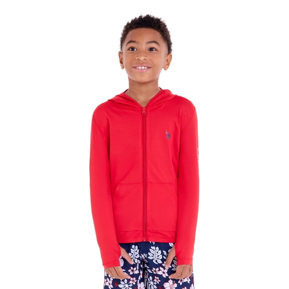 U.S Polo Assn. Boys Long Sleeve Hooded Zip-Up Rashguard, Sizes 4-18