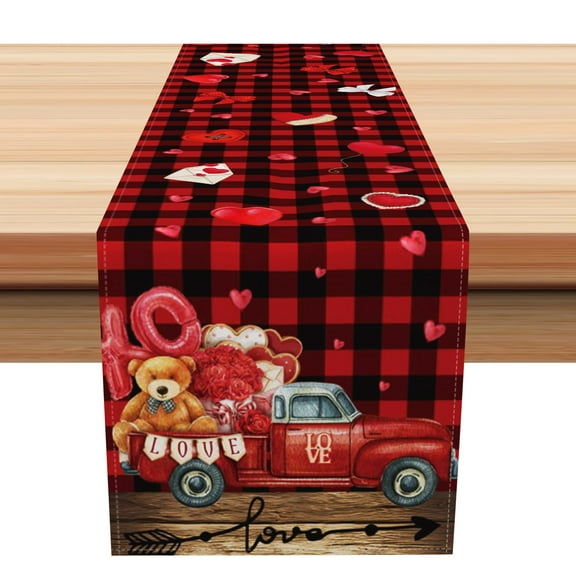 SUNOLIFE Valentine Truck Table Runner Valentine's Day Buffalo Plaid Kitchen Dining Table Decorations 13 x 72 Inch