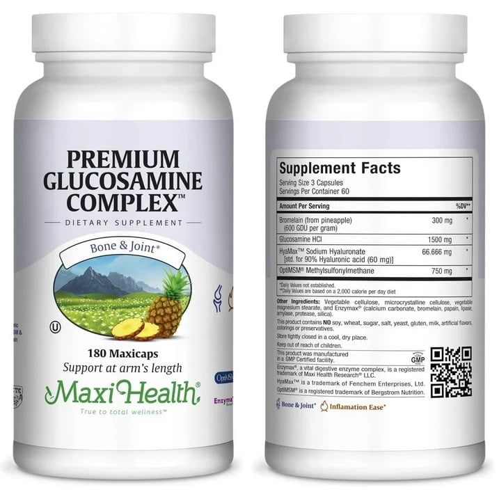 Maxi Health Premium Glucosamine Complex - Joint Support - Hyaluronic Acid & MSM - 180 MaxiCaps - Kosher