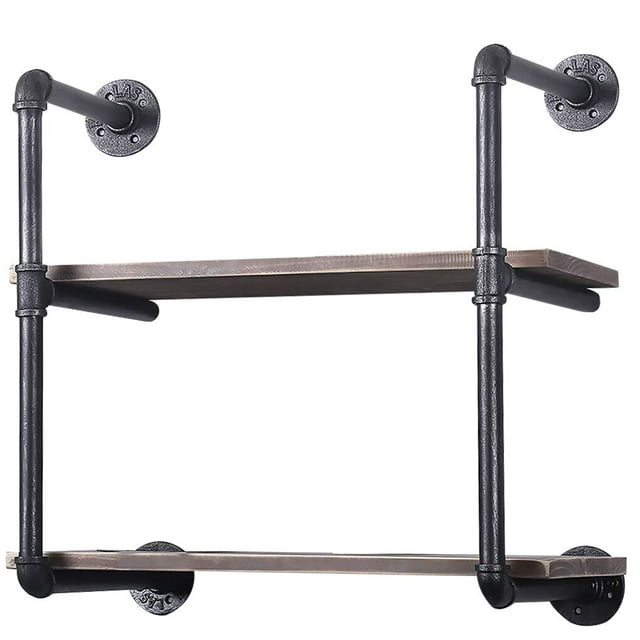 serony Wall-mounted Vintage Black Book Shelf Industrial Pipe Shelving Hanging Bookshelf Metal Bracket, 2-Tier with Board