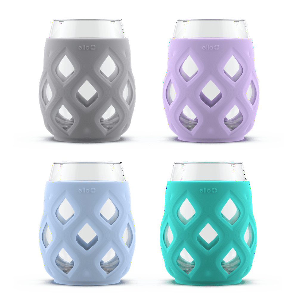 Ello Cru Stemless Wine Glass Set with Silicone Protection, 4 Pack, Blue