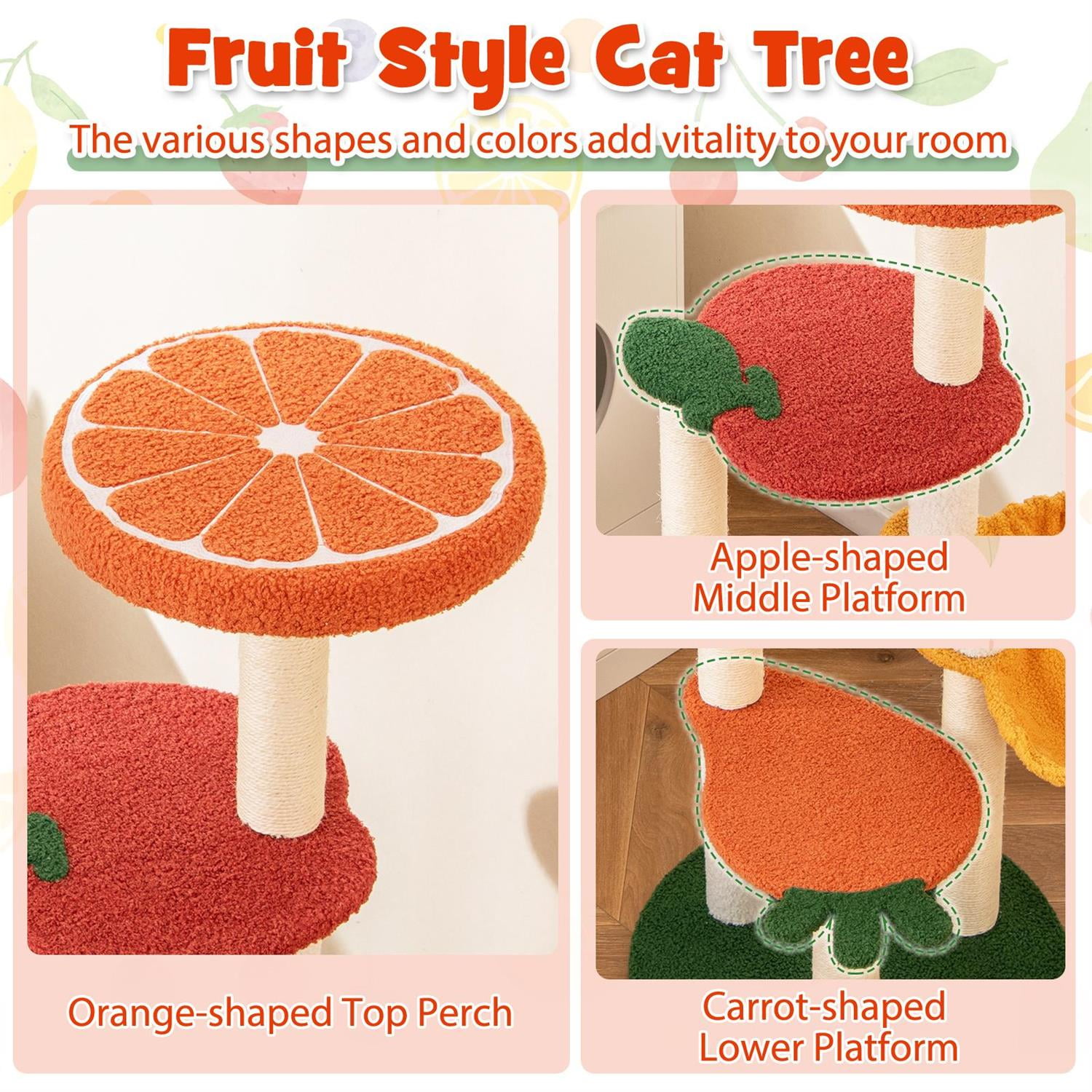 Pefilos Multi-Level Cat Activity Center, Fruit-shaped Platforms, Sisal Scratching Posts, Red & Orange