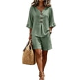 thumbnail image 3 of Linen-Look Button-Front V-Neck Ruffle Sleeve Two-Piece Set for Women, Lightweight Shorts & Top Outfit - Summer Beach Vacation Casual Loungewear Army Green L, 3 of 5