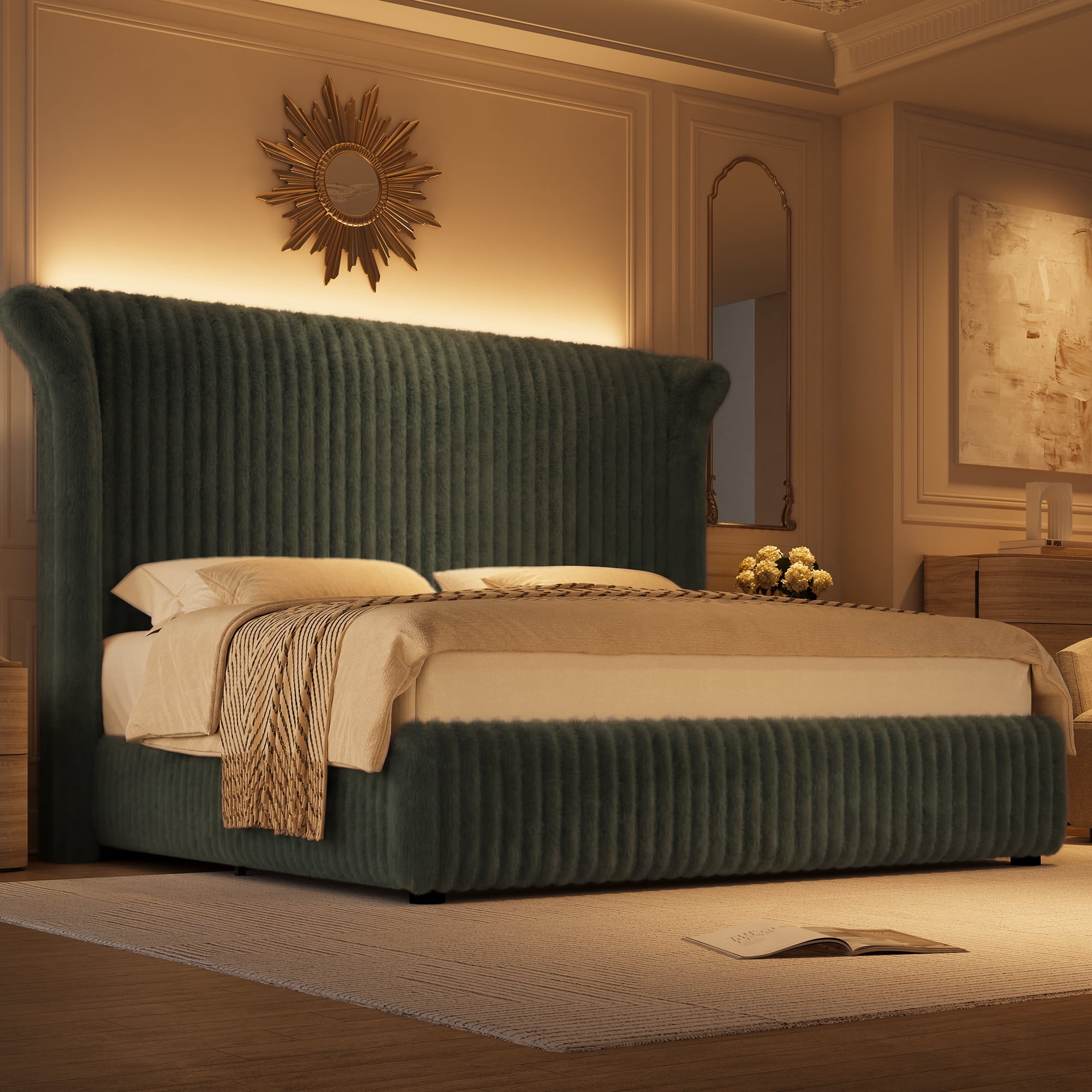 Hiphuta Corduroy Upholstered King Size Bed Frame with Headboard, LED Platform King Bed Frame with 55"H Tall Vertical Stripe Corduroy Wingback Headboard, Green
