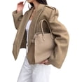 thumbnail image 2 of Female Crop Pea Coat Wool Blend Office Work Lapel Collar Short Winter Jacket Trench Coat Camel Color L, 2 of 9