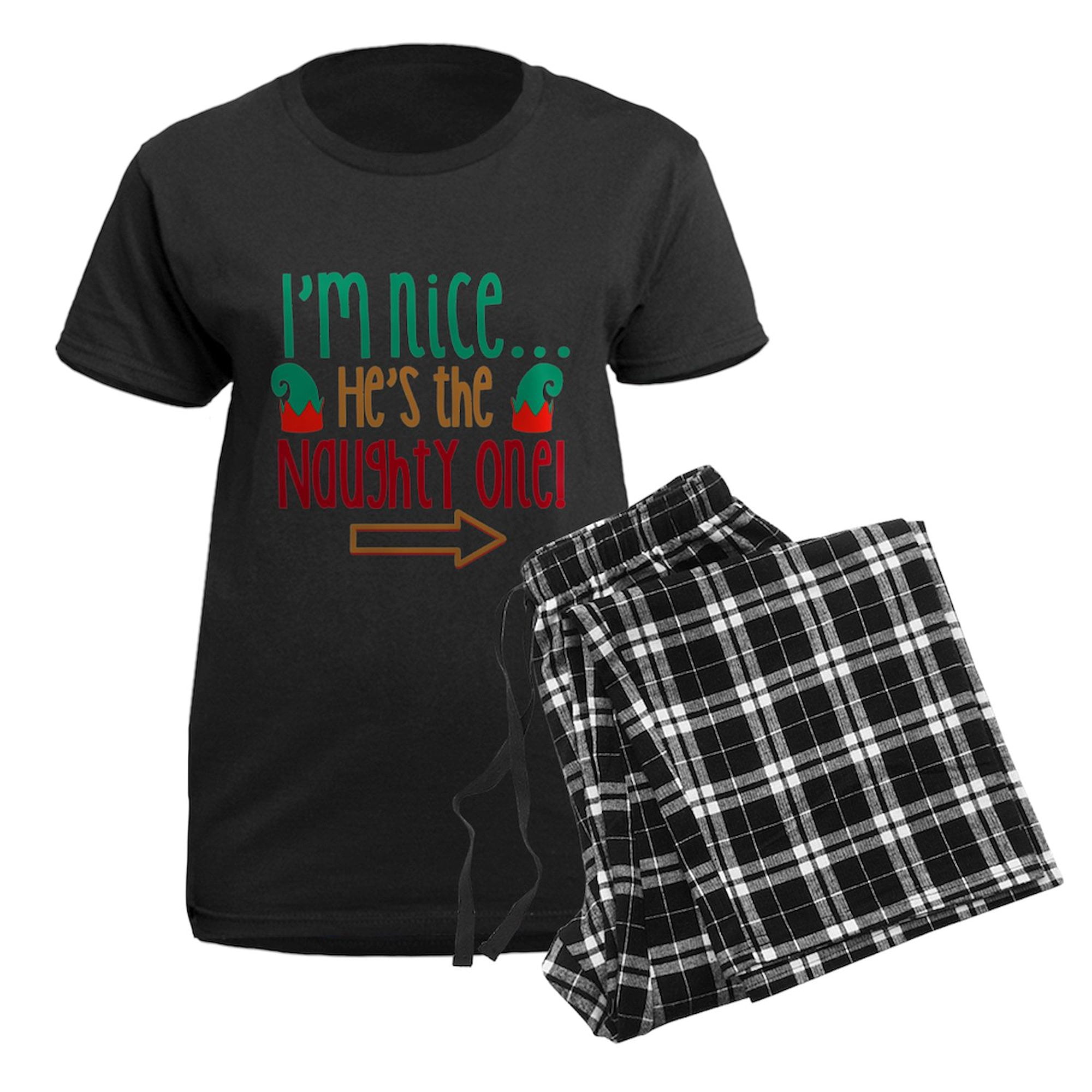 CafePress - Im Nice Hes Naughty Elf Hat Women's Dark Pajamas - Women's Short Sleeve Print T-Shirt and Pants Dark Cotton Pajama Set