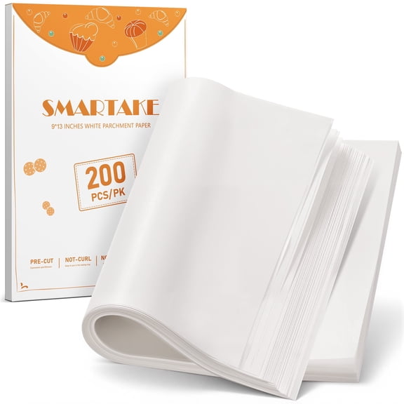 SMARTAKE 200 Pieces Parchment Paper Sheets, 9x13 Inches Non-Stick Precut Baking Parchment, for Baking Grilling Steaming Air Frying Bread Cup Cake Cookies (White)