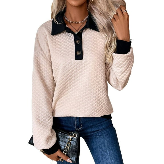 Women's Oatmeal Textured Colorblock Edge Buttoned Collar Sweatshirt - [ZhiHiMeRi] | (US 12-14)L