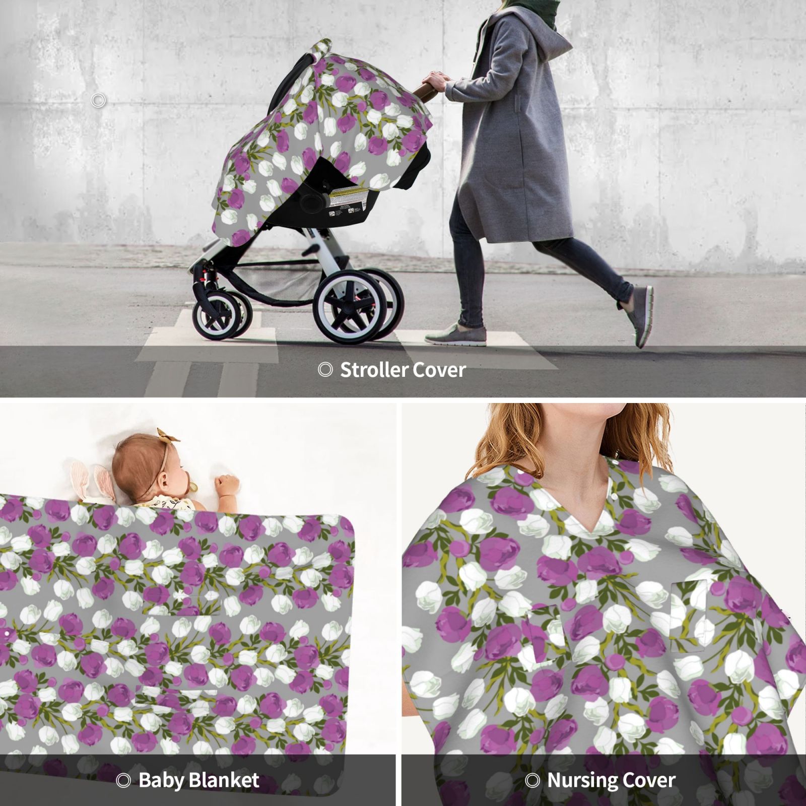Car Seat Cover Baby - Purple White Rose Flowers Breathable Infant Car Seat Cover for Baby Carseat, Lightweight Comfort Baby Essentials Must Haves Newborn Stuff for Girl Boy