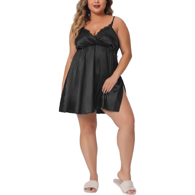Camisón de satén para mujer de tallas grandes Agnes Orinda, con escote en V profundo, abertura lateral y encaje, color negro, talla 3X