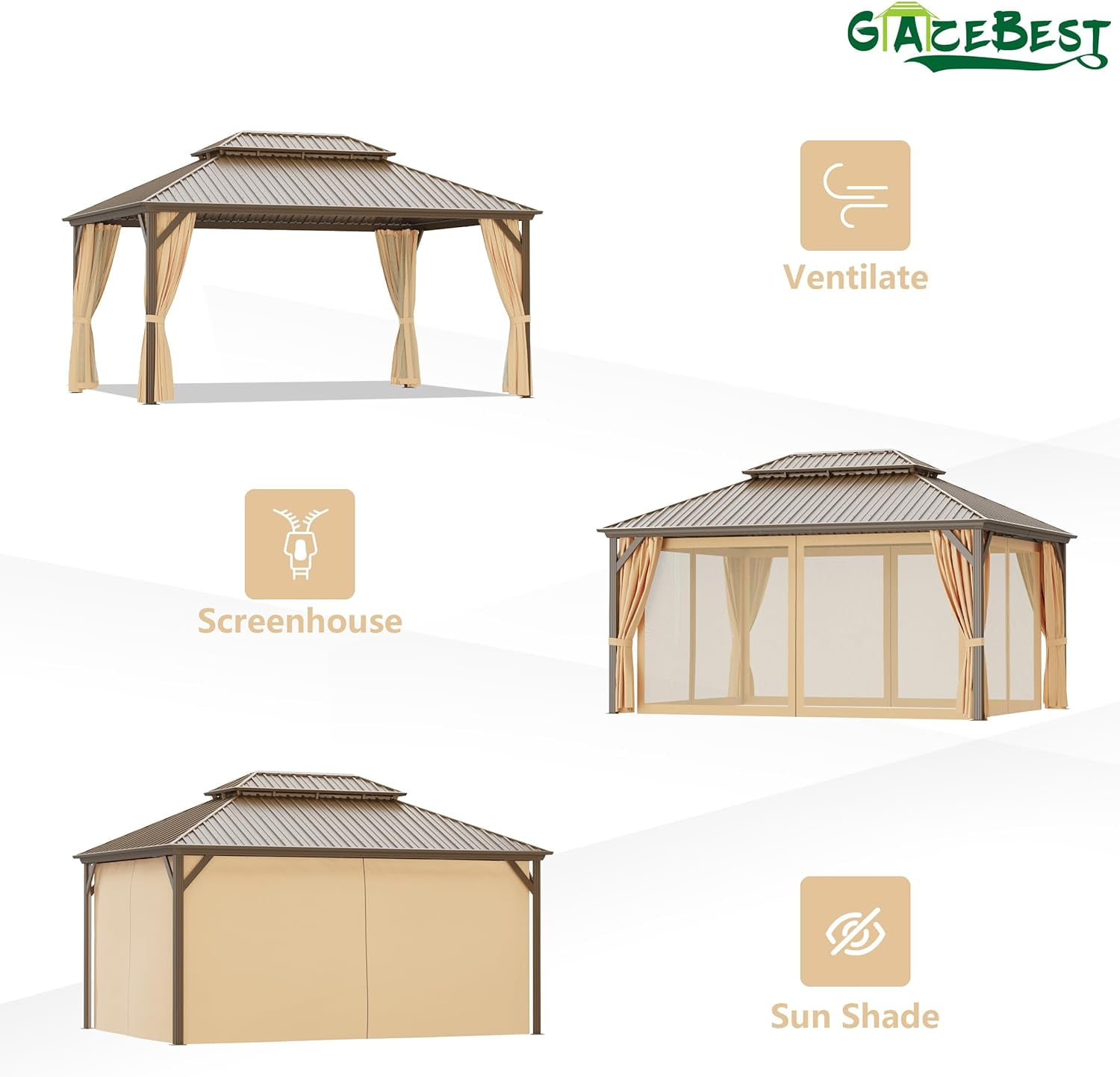 GAZEBETER 12' x 16' Hardtop Gazebo, Brown, Double Roof, Galvanized Steel, Netting & Curtains