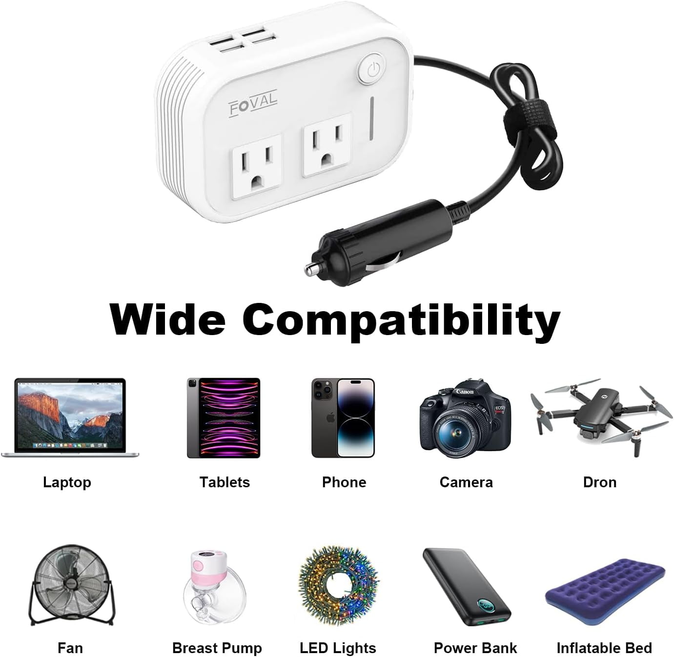 FOVAL 200W Car Power Inverter DC 12V to 110V AC Converter with 4 USB Ports Car Laptop Charger, Car Adapter for Plug Outlet (White)