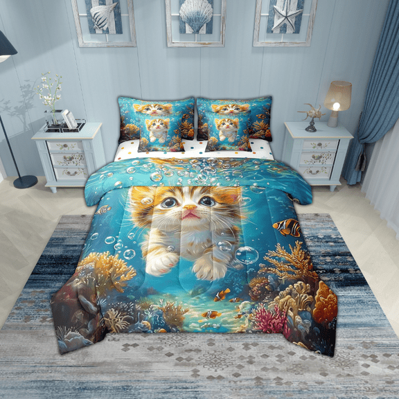 Erosebridal Kawaii Cat Bedding Twin Size, Underwater World Bed in a Bag Twin size, Colorful Coral Decor, Reversible