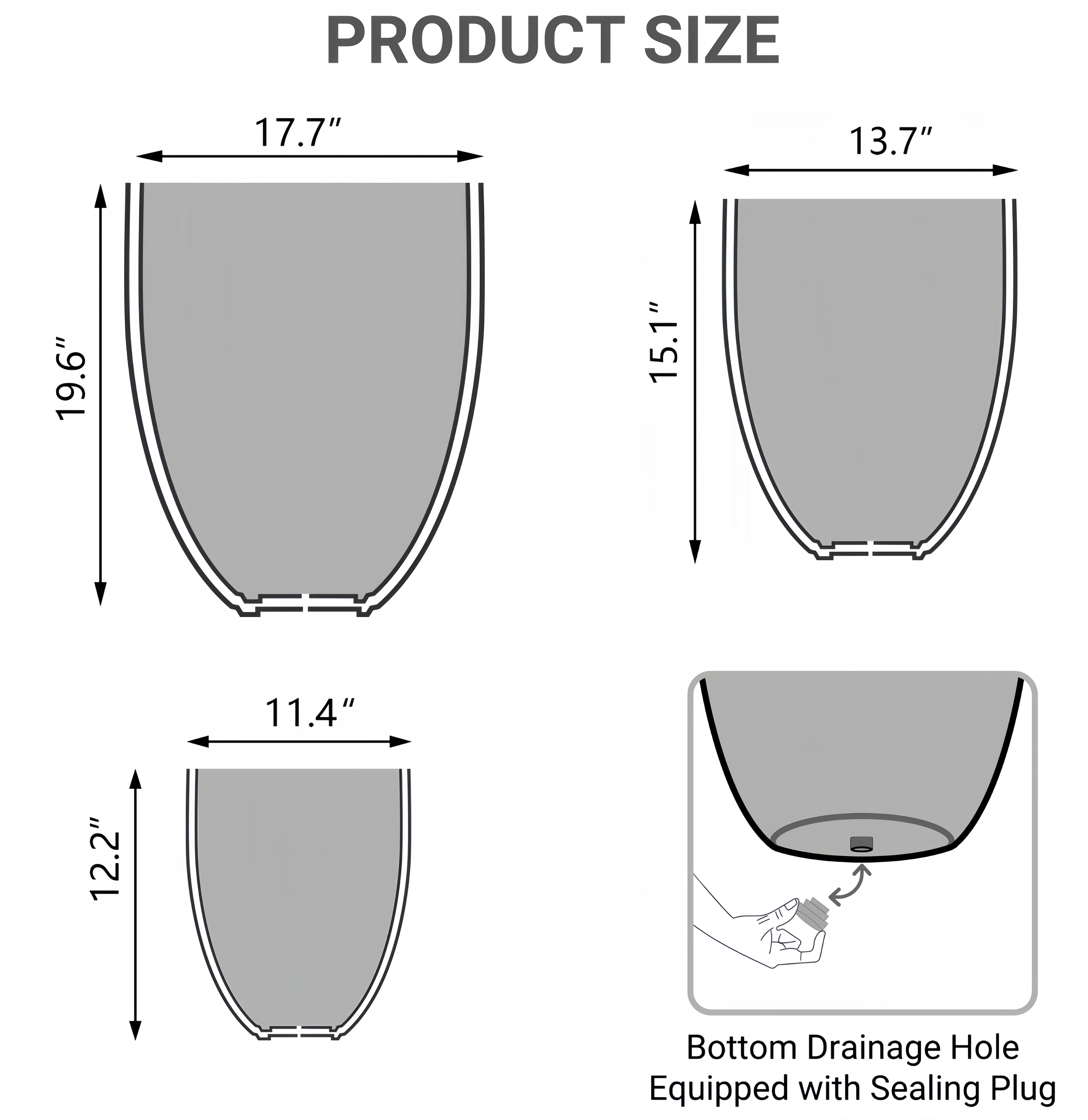 Wallowa Concrete Flower Pots with Drainage Holes, 17.6"+13.8"+9.8" Dia Round Plant Container for Indoor or Outdoor, Set of 3, Gray