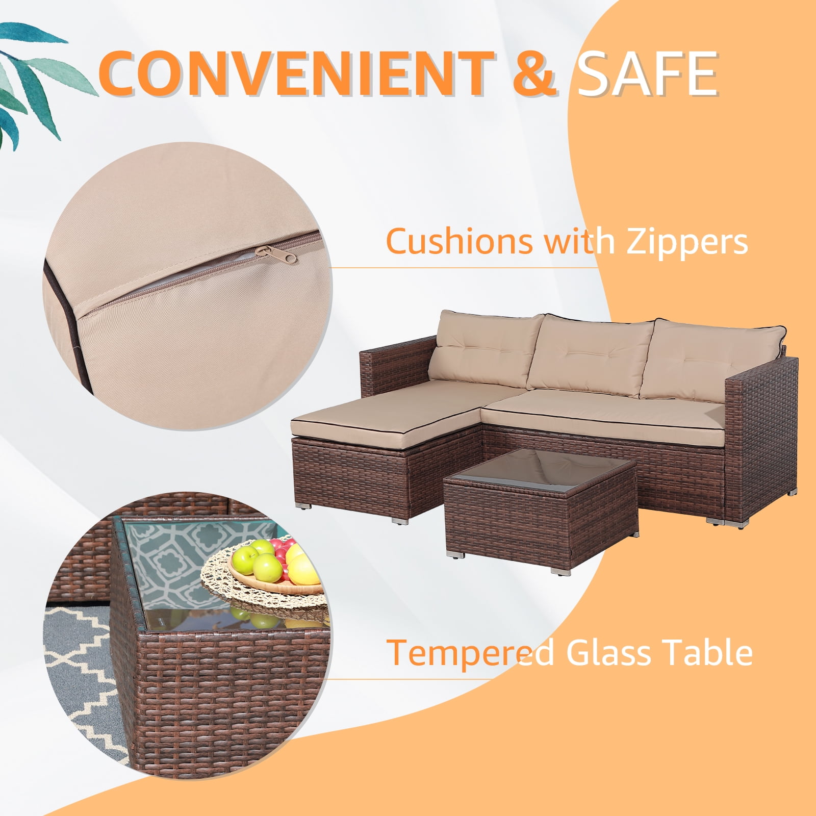OC Orange-Casual 3-Piece Patio Furniture Set, All-Weather Outdoor Sectional Sofa Set, Wicker Loveseat Lounge Couch with Glass Coffee Table, Beige