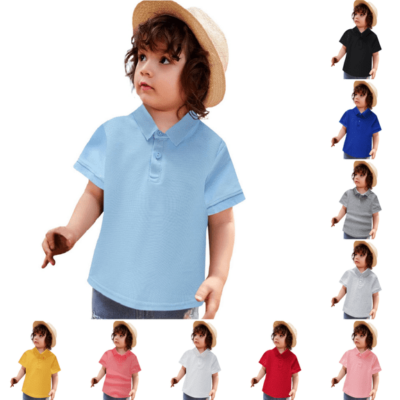 Domuza Toddler Kids Boy Performance Polo Shirt Back to School Solid Color Short Sleeve School Uniform Shirts Collared Button Closure Pullover Tops Sky Blue 6-7 Years
