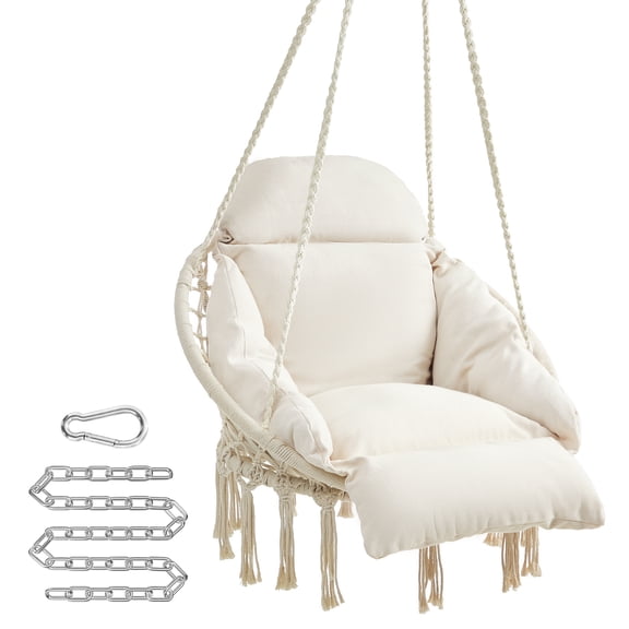 SONGMICS Hanging Chair, Swing Chair with Cushion, Holds up to 264 lb, Cloud White ，Outdoors