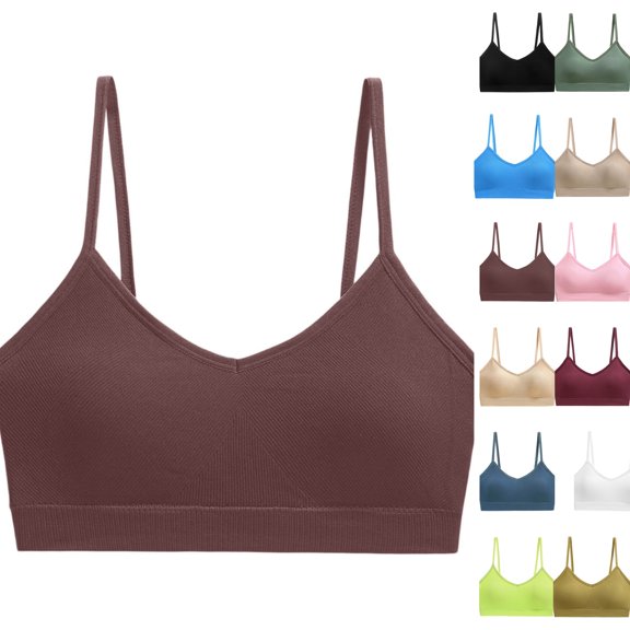 V-Neck Sports Bras for Women - Adjustable Thin Straps Padded Yoga Top Basic Wireless Camisole 2026 Brown M