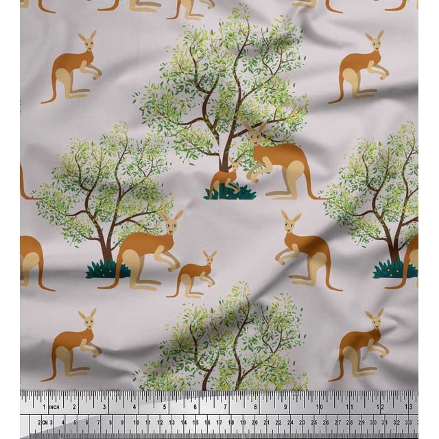 Soimoi Cotton Poplin Fabric Tree & Kangaroo Animal Printed Fabric 1 Yard 56 Inch Wide