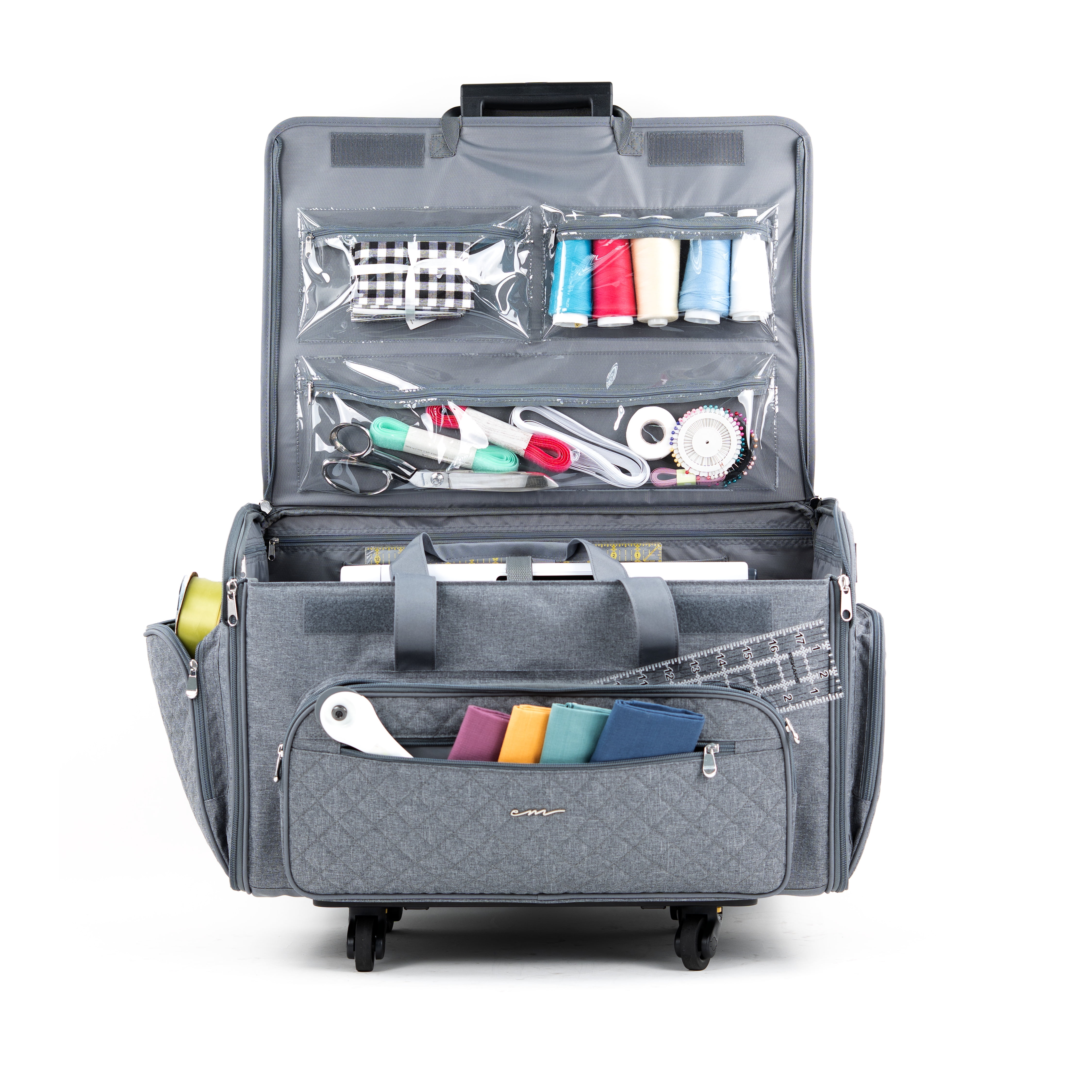 Everything Mary XXL Rolling Sewing Machine Case – Grey Quilted Craft Tote with 360° Wheels – Large Storage Organizer for Sewing & Quilting Supplies