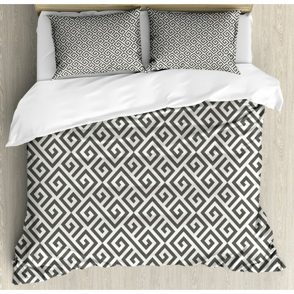 Modern Duvet Cover Set, Geometrical Detailed with Maze Like Shapes Art Print, Decorative 3 Piece Bedding Set with 2 Pillow Shams, Queen Size, White and Army Green, by Ambesonne