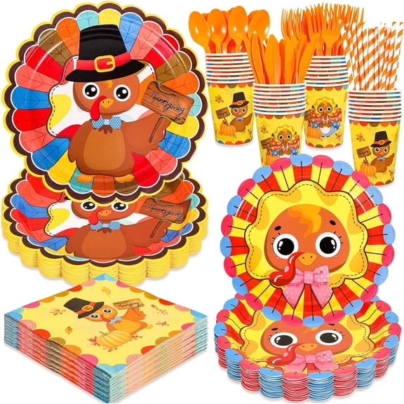 160PCS Thanksgiving Tableware Set Serve 20, Funny Turkey Paper Plates and Napkins Cups Knives Forks Spoons for Thanksgiving Friendsgiving Fall Themed Party Supplies