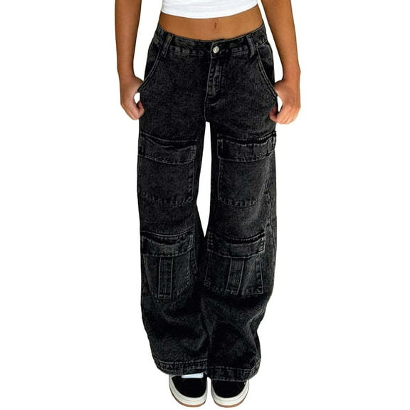 Women's Straight Leg Distressed Denim Jeans Mid-Low Waist Baggy Jeans with Pockets, Vintage Washed Wide Leg Casual Loose Fit Hip Hop Jeans,Black L