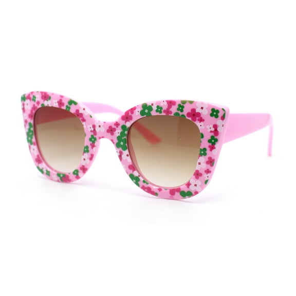 Girls Kids Size Oversize Cat Eye Retro Sunglasses Pink Flower Green - Brown