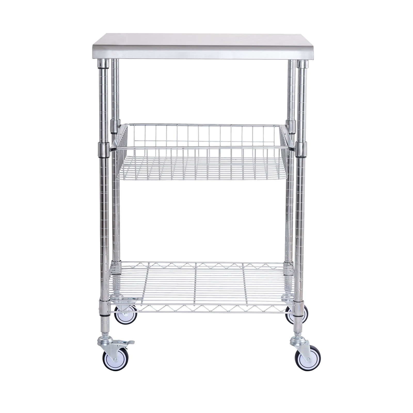 VEVOR Kitchen Utility Cart,3 Tiers, Wire Rolling Cart with 470LBS Capacity,Steel Service Cart on Wheels, Metal Storage Trolley with 76mm Basket Curved Handle PP Liner 6 Hooks, for Indoor and Outdoor