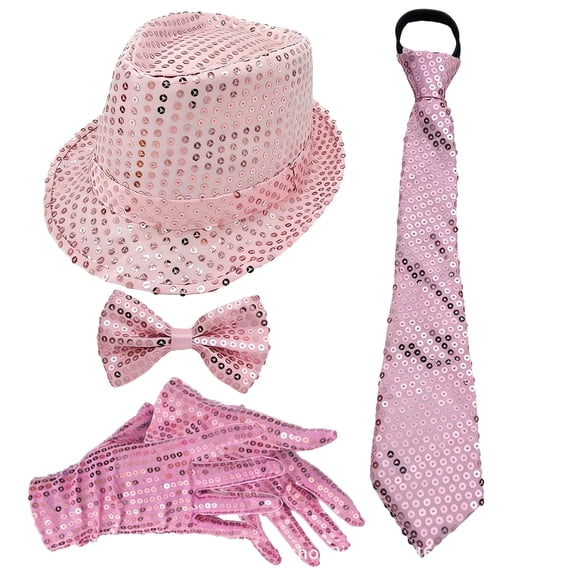 Evdexr 70s Disco Outfits For Women Men Sequin Fedora Hat Gloves Tie Suspenders Bow 80s Outfit Unisex Pink