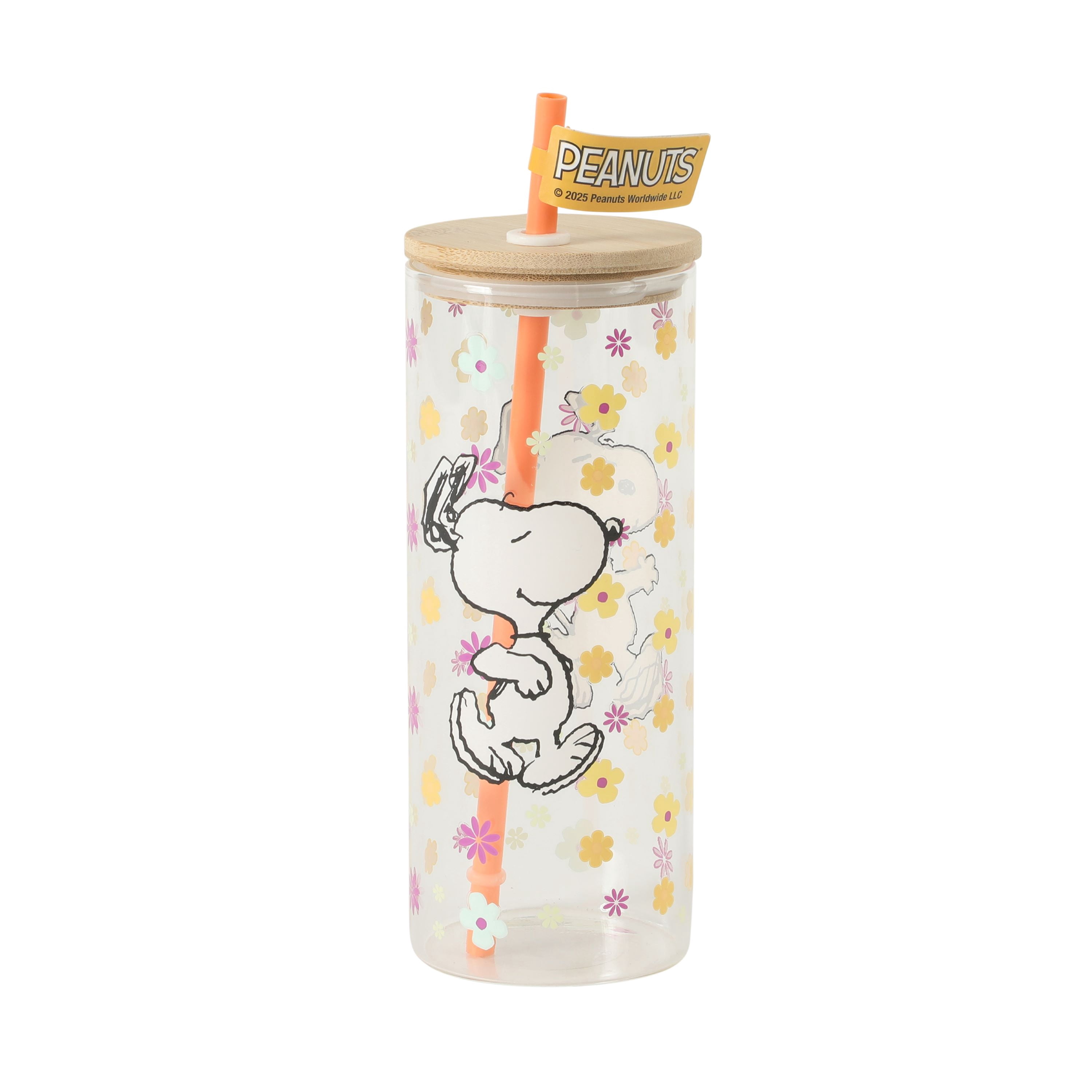 Peanuts Snoopy 22oz Glass Sipper Floral Cup