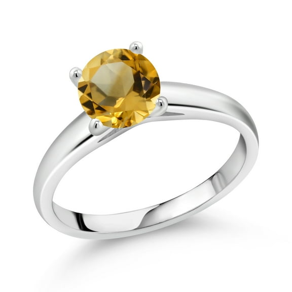 Gem Stone King 1.30 Ct 7mm Round Yellow Citrine 10K White Gold Ring (Size 6)