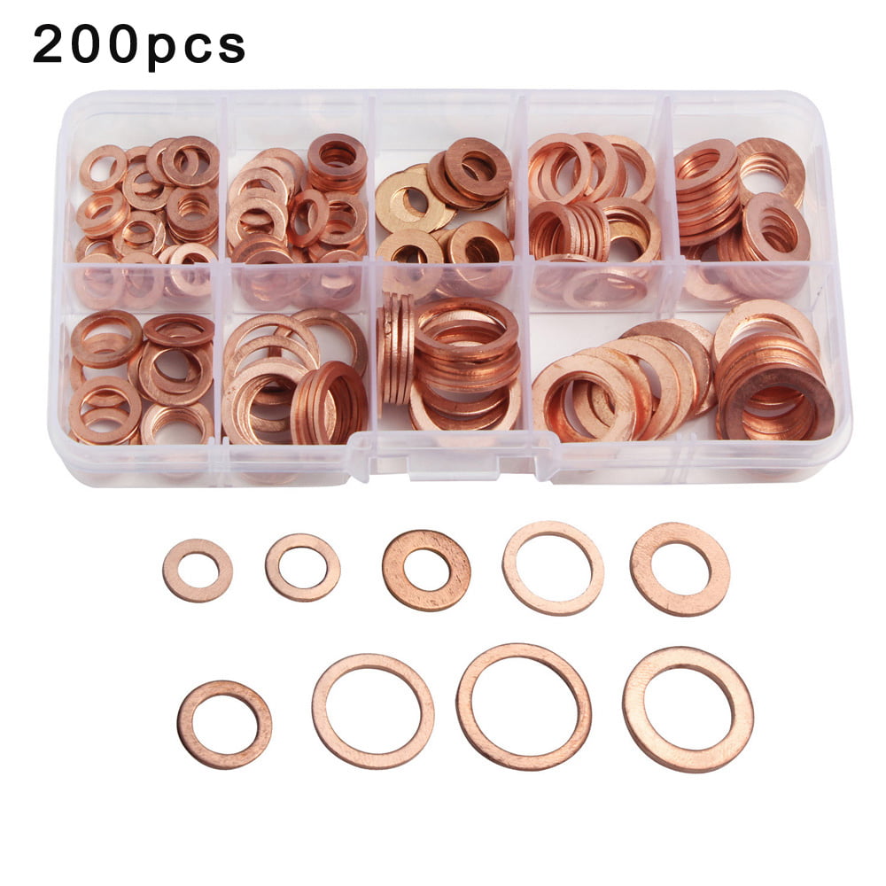 200pcs M5-M14 Copper Sump Plug Washer Gasket Set Flat Round Seal Kit Box 