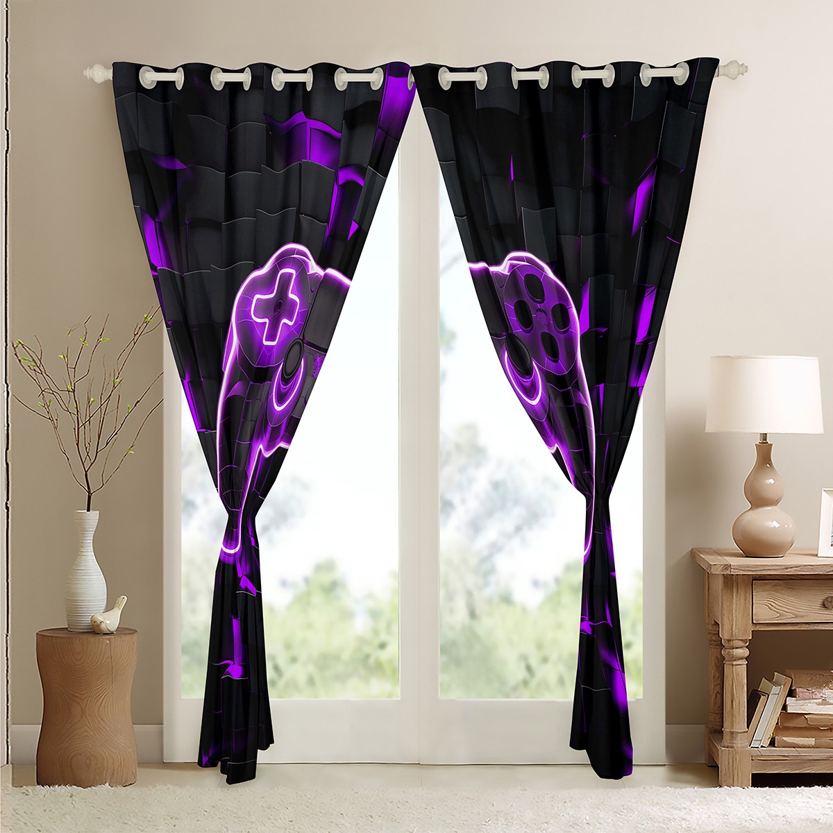 Gaming 30%-50% Blackout Curtains Gamer Room Decor Curtains,Modern Abstract Plaid Bedroom Curtains Purple Geometry Honeycomb Print Window Curtains Gamepad Controller Curtains,2 Panels 42"Wx63"L