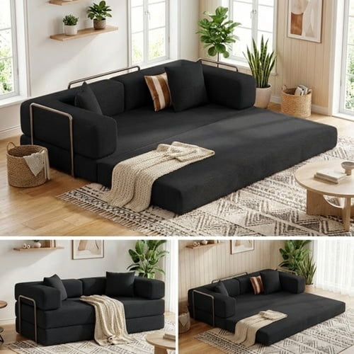 ODUWA 82”Convertible Sleeper Sofa Bed,Compressed Floor Boneless Couch,Modular Modern Corduroy Sofa for Living Room Bedroom,Easy Assembly(Black)