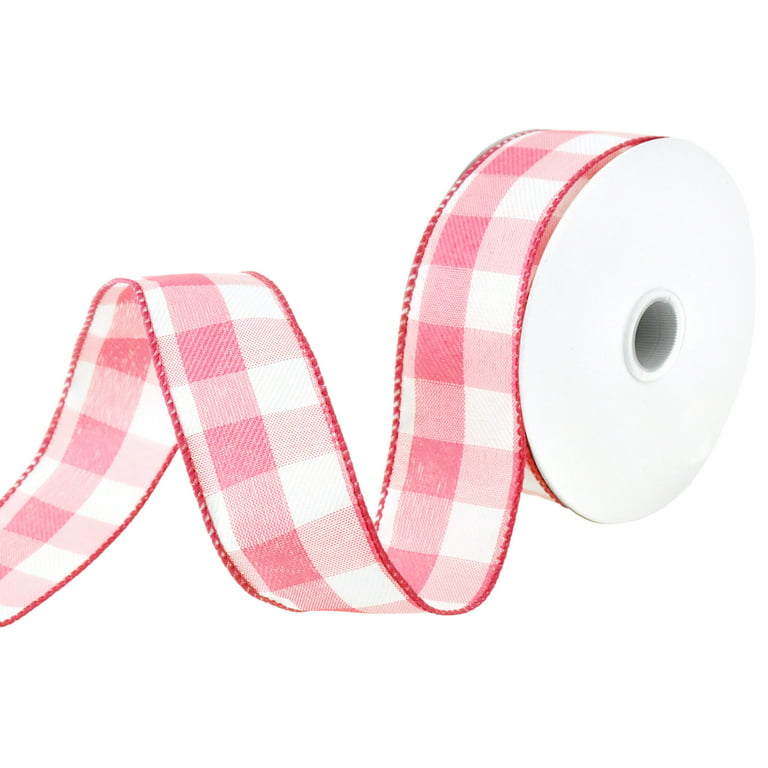 1 1/2 Wired Ribbon, White w/ Pink/Red Printed Bias Plaid