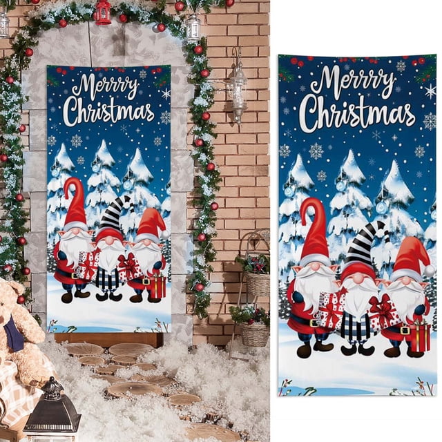 Christmas Door Cover Decoration with Santa Claus Gift Delivery Design, Holiday Party Atmosphere Backdrop for Home Decor
