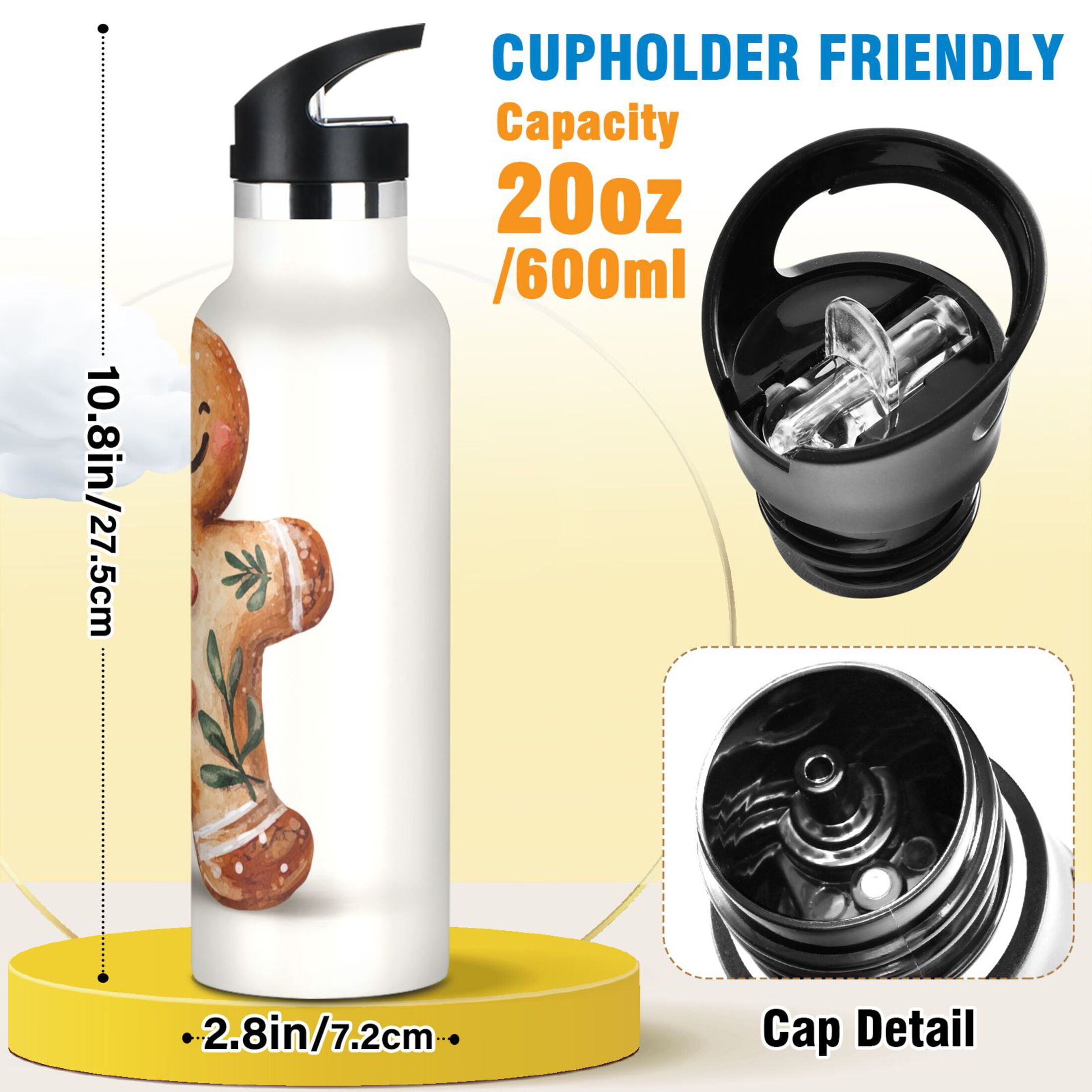 600ML Stainless Steel Insulated Cup Sports Water Bottle Portable Thermos Cup Water Glasses Insulated Tumblers Convenient and Durable Christmas Gingerbread Man Beautiful