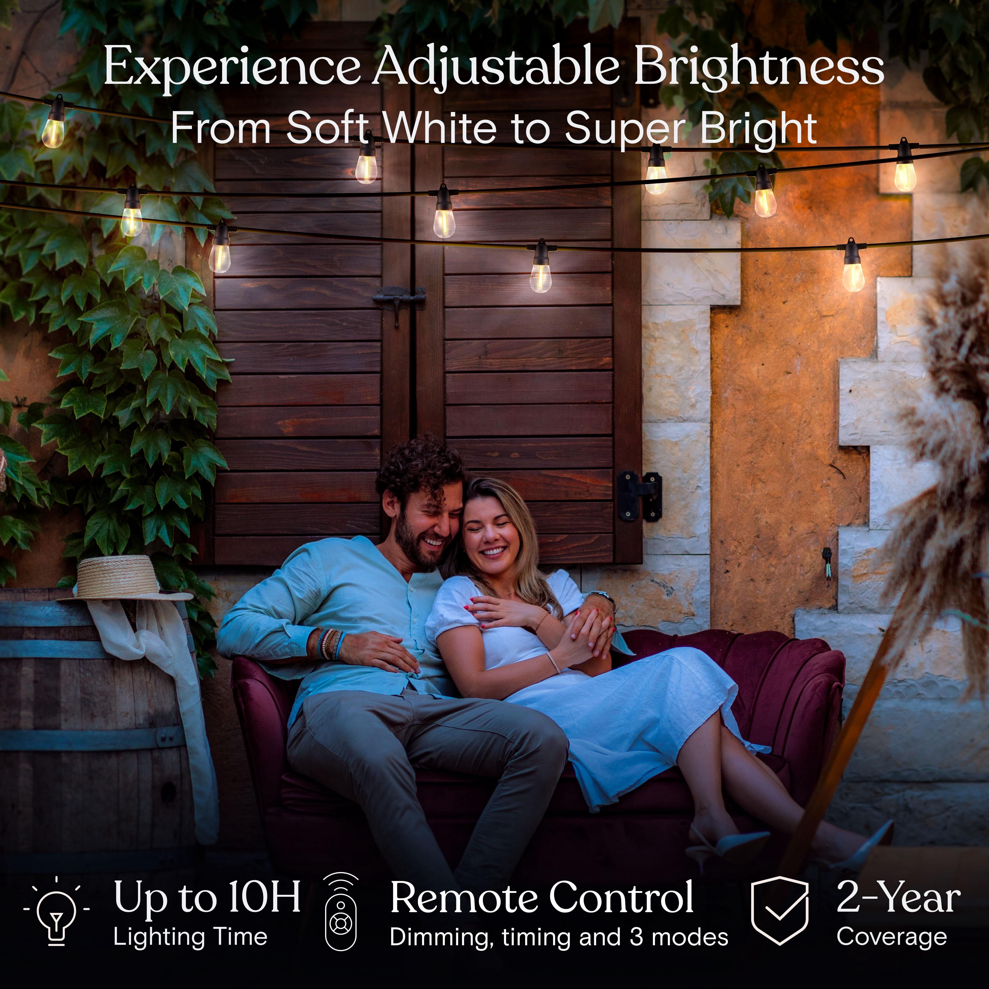Brightech Ambience Pro Solar String Lights - Super Bright 27Ft Remote Control Outdoor String Lights with 12 Shatterproof S14 Bulbs, Commercial Grade LED, Waterproof Patio Lights, 4W Soft White