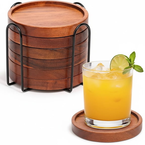 Wooden Coasters Set of 6 with Holder, Acacia Wood Drink Coasters for Farmhouse, Patio, Bar Decoration