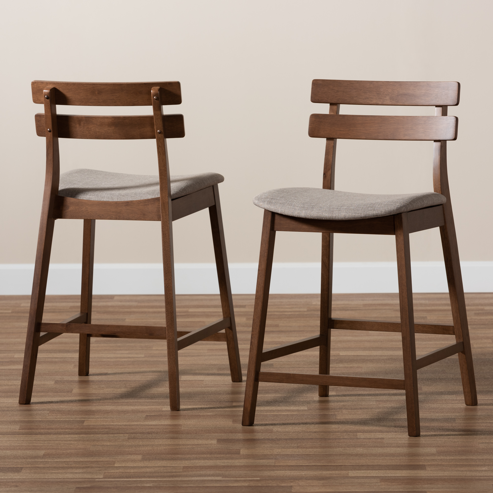 Baxton Studio Larine Modern and Contemporary Light Gray Fabric Upholstered Walnut Finished 2-Piece Wood Counter Stool Set Set