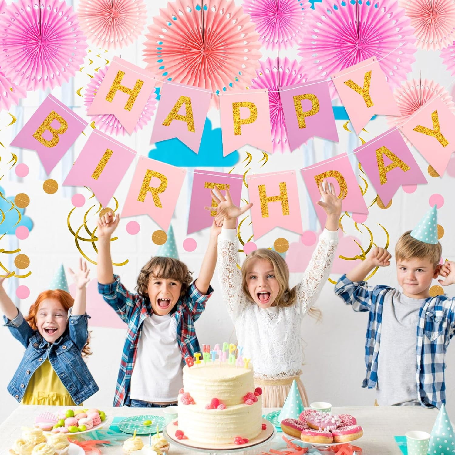 Geburtstagsdeko-Set In Blush Pink & Rose Gold – Inkl. Banner, Girlanden, Ballons & Cake Topper