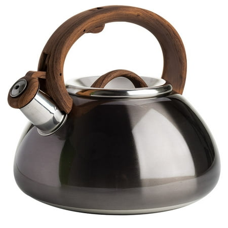 

Primula Avalon 2.5 Qt. Stainless Steel Whistling Kettle with Dark Woodgrain Finish Handle - Metallic Gunmetal