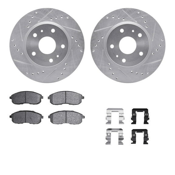 Dynamic Friction Company Front Brake Rotors-Drilled and Slotted-Silver with 5000 Advanced Brake Pads includes Hardware 7512-01004