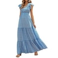 thumbnail image 2 of Seyurigaoka Summer Bohemian Dresses for Women Short Sleeve Floral Printed V-Neck Ruffle Flowy Patchwork Maxi Long Dress, 2 of 9