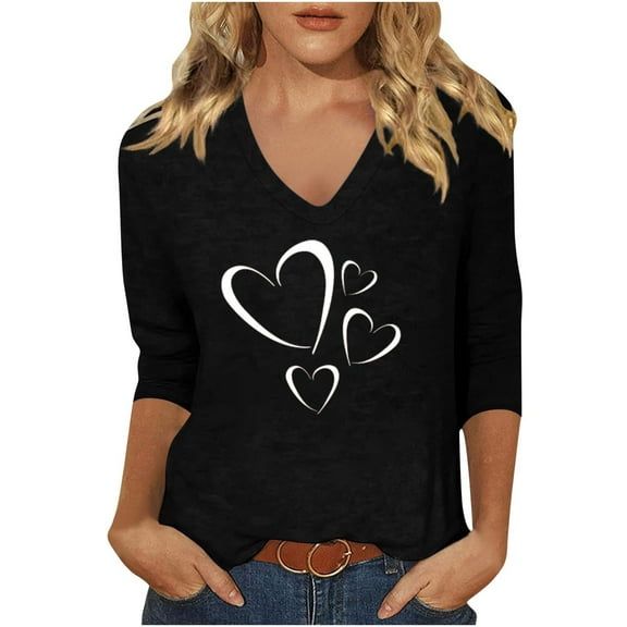 Plus Size Tops for Womens Heart Graphic 3/4 Sleeve Tshirts Valentine's Day Casual V Neck Tee Shirts